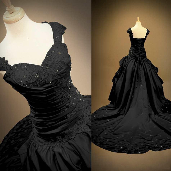 Custom Black Satin Ball Gown Gothic Wedding Dresses Sweetheart Cap Sleeve Applique Lace Beads Backless Lace-up Chapel Train Bridal Gowns