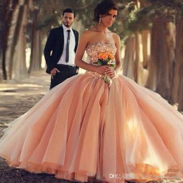 Luxury Blush Ball Gown Wedding Dresses Tulle Dress With Crystal Beaded Pearls African Wedding Bridal Gowns Lace-up New Arrival