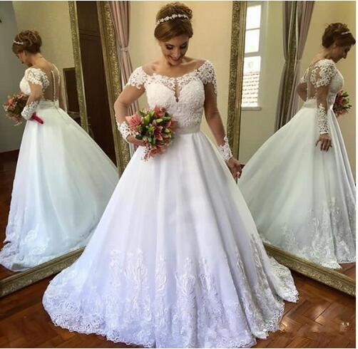 Vintage Long Sleeve Wedding Dresses Ball Gown Scoop Neck White Bride Dress Lace Appliques Vestido de Noiva Custom-made