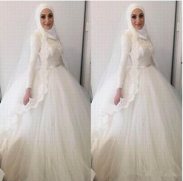 Elegant New Modern Muslim Ball Gown Wedding Dresses High Neck Lace Appliques Beads Dresses Dubai Arabic Lace Wedding bridal Gowns