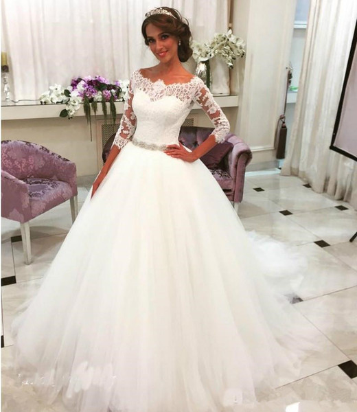 New Romantic White Wedding Dresses Ball Gown Tulle Lace Long Bridal Party Gowns Plus Size Informal Wedding Dresses