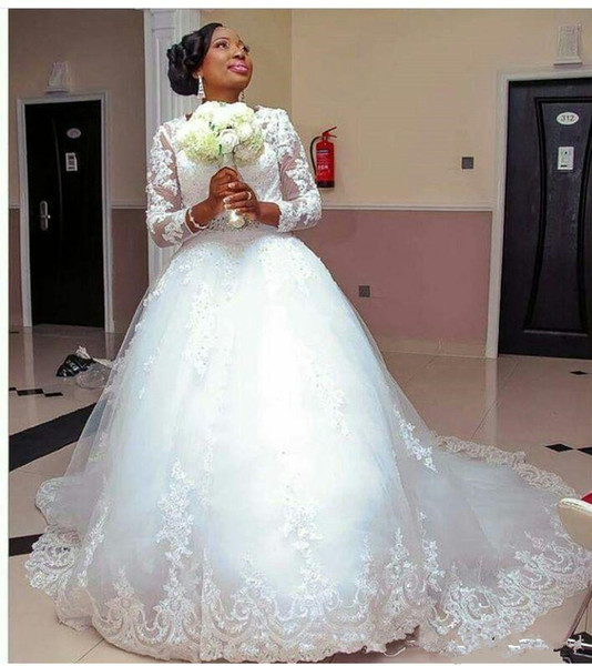 African Vestidos De Novia Illusion Bodice Ball Gown Wedding Dresses With Long Sleeves Puffy Tulle Plus Size Bridal Gowns