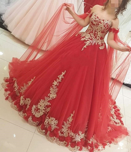 Elegant Tulle Off Shoulder Colorful Open Back New Red and Gold Wedding Dress Ball Gown Appliques Lace Bridal Gowns Stunning