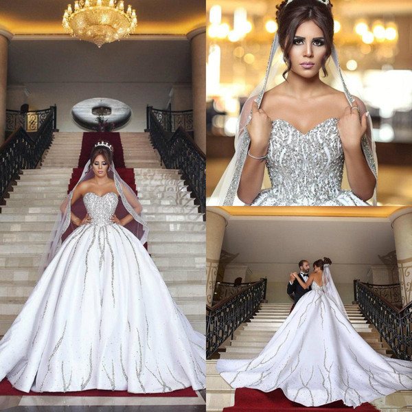 Luxury Bling Dubai Arabic Plus Size Wedding Dresses Beads Sequins Sweetheart Backless court Train lace up Country Wedding Dress