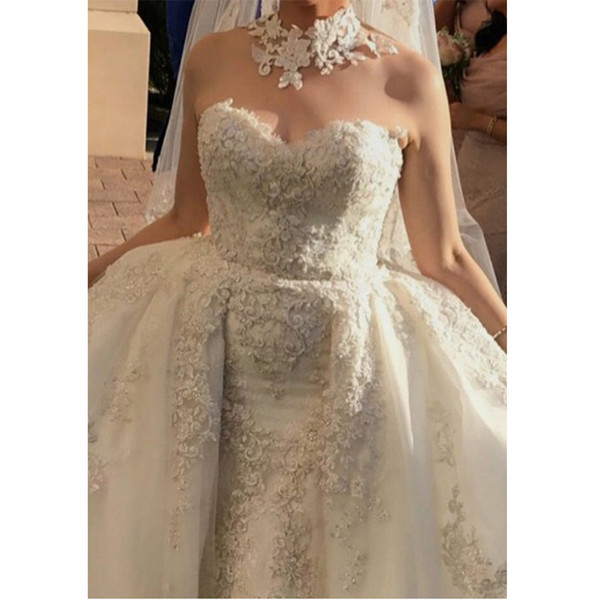 Luxury ball gown wedding dresses Saudi Arabic modest beaded embroidery sweetheart Chapel long train bridal gowns plus size