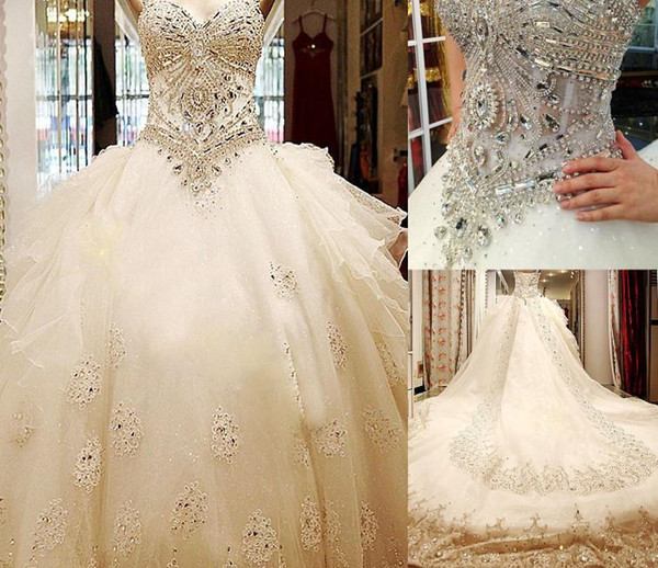 Bling Bling Luxury Crystal Cathedral Train Ball Gown Wedding Dresses with Strapless Sweetheart Lace Applique Tulle Long Bridal Gowns 2016