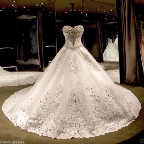 2016 Vintage Lace Wedding Dresses Sweetheart Sparkle Beaded Sash Cathedral Crystal Sequins Pearle Bowknot Organza Bridal Gowns Custom Made