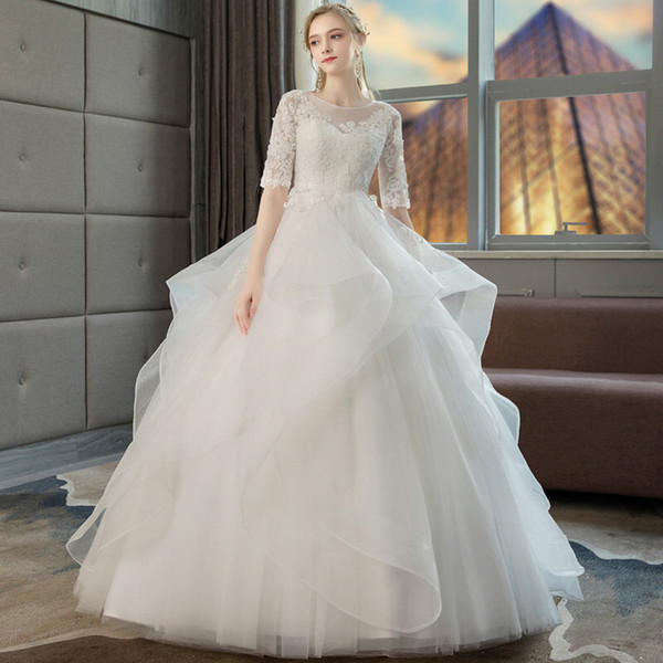 Ruffled Organza Ball Gown Wedding Dresses with Lace Appliques Half Sleeves Bridal Dress Gowns Vestidos De Noivas