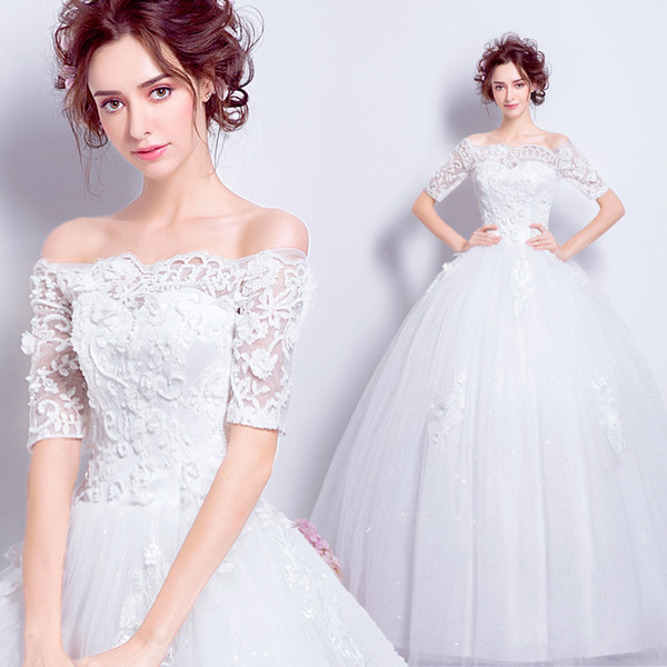 Bateau Neck Lace Tulle Ball Gown Wedding Dress with Half Sleeves New Bridal Gowns White Ivory