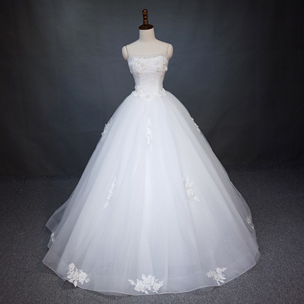 Strapless Ball Gown Wedding Dress with Flower and Pearls Gelinlik Wedding Gowns Floor Length Marrige Dresses