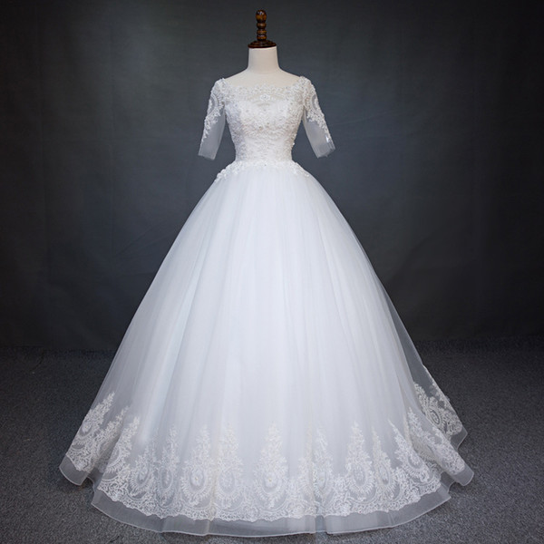 Lace Appliques Ball Gown Wedding Dresses Half Sleeves Vintage Wedding Dress Floor Length Bridal Gown Mariage