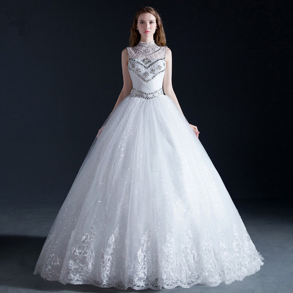 Beaded Crystal Tulle Ball Gown Wedding Dress Vintage Jewel Neck Wedding Gowns Open Back Bridal Dress