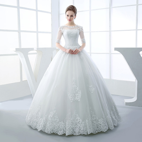 Lace Appliques Ball Gown Wedding Dresses with Half Sleeves Floor Length Bridal Gowns Open Back