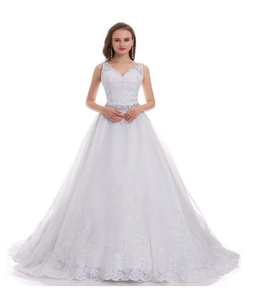 Beaded V Neck Tulle Ball Gown Wedding Dress with Lace Appliques Sweep Train Bridal Gown