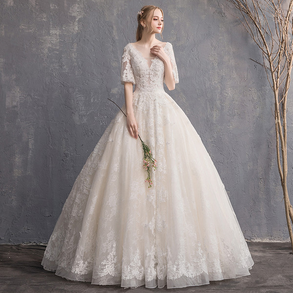 Half Sleeves Lace Tulle Ball Gown Wedding Dresses Floor Length Wedding Gowns Floor Length Bridal Gown Champagne