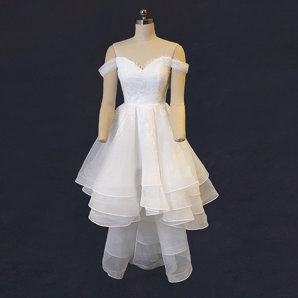 Ruffled Organza High Low Wedding Dress Beach New Off Shoulder Wedding Gowns Short Front Long Back