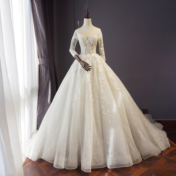 Organza Ball Gown Wedding Dresses with 3/4 Long Sleeves Bateau Neck Lace Appliques Wedding Gowns