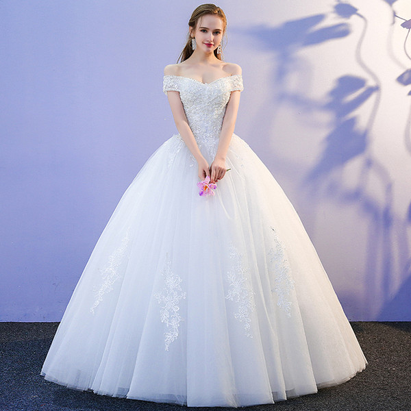 Off Shoulder Lace Tulle Ball Gown Wedding Dresses New Short Sleeves Wedding Gown Floor Length Bridal Dress