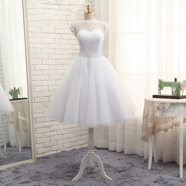Bateau Neck Tulle Short Beach Ball Gown Wedding Dress Vintage 2019 White Ivory Wedding Gowns Knee Length