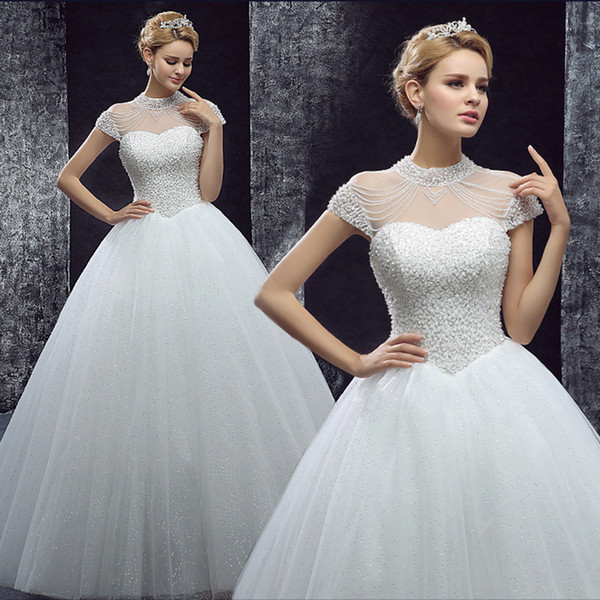 Beaded Vintage Ball Gown Wedding Dresses High Neck Wedding Gowns Open Back Bridal Dress Fast 