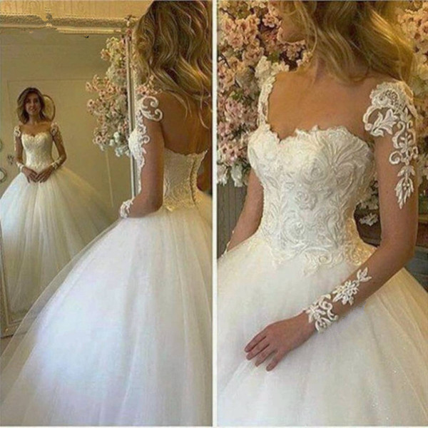 Lace Appliques Ball Gown Wedding Dress with Long Sleeves Sheer Neck Wedding Gown vestidos de boda