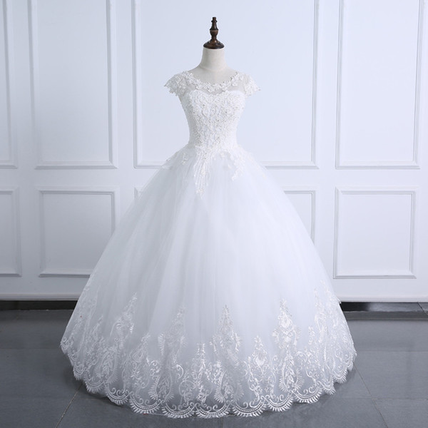 Cap Sleeves Ball Gown Wedding Dress with Lace Appliques White Ivory Floor Length Wedding Gowns robe de mariee