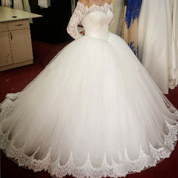 Off Shoulder Ball Gown Wedding Dress with Long Sleeves Floor Length Bridal Gown Lace Up