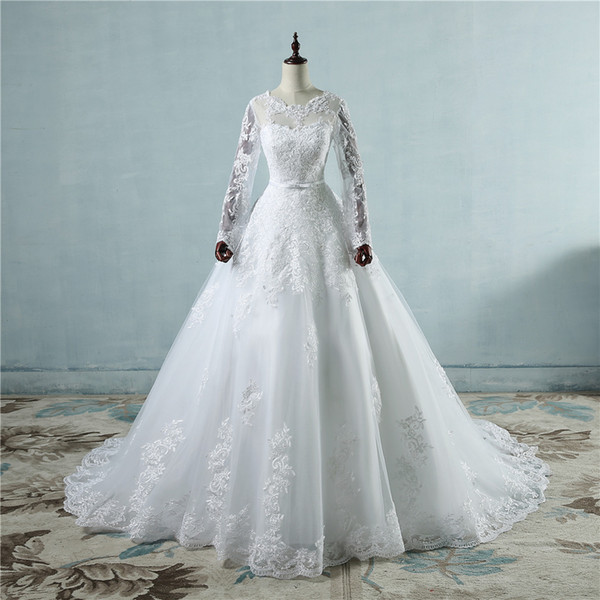 Vestidos De Novia Cortos Long Sleeves Ball Gown Wedding Dresses Lace Appliques Bridal Gowns Lace Up