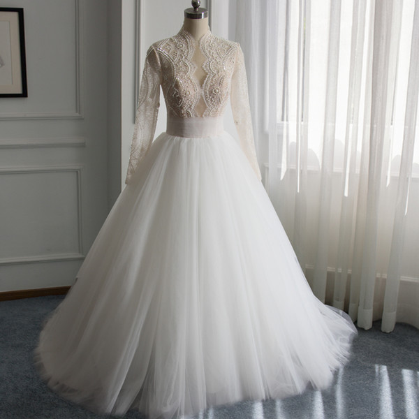 High Neck Tulle Vintage Ball Gown Wedding Dresses with Beads and Pearls Sweep Train Bridal Gowns