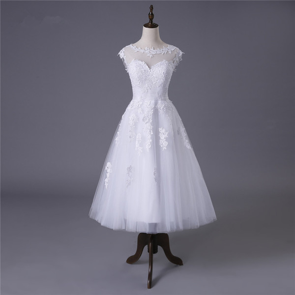 Vintage Tulle Ball Gown Wedding Dresses with Bateau Neck Knee Length Wedding Dress Button Back