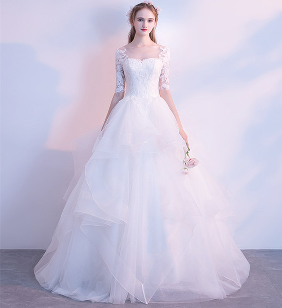 Organza with Ruffles Ball Gown Wedding Dress Lace Appliques Wedding Gowns Half Sleeves Bridal Gown