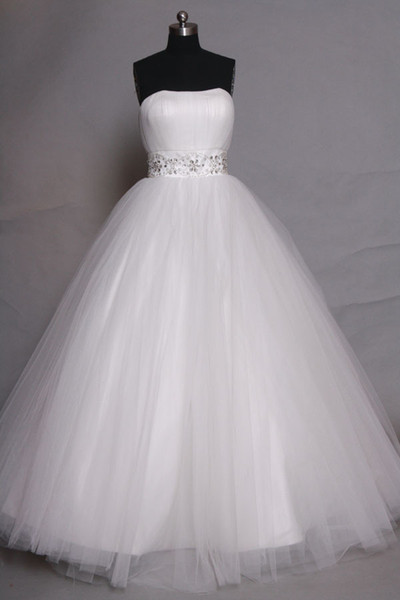 Romantic Strapless Tulle Ball Gown Wedding Dress With Beads Crystal Lace Up Wedding Gowns Real Photo