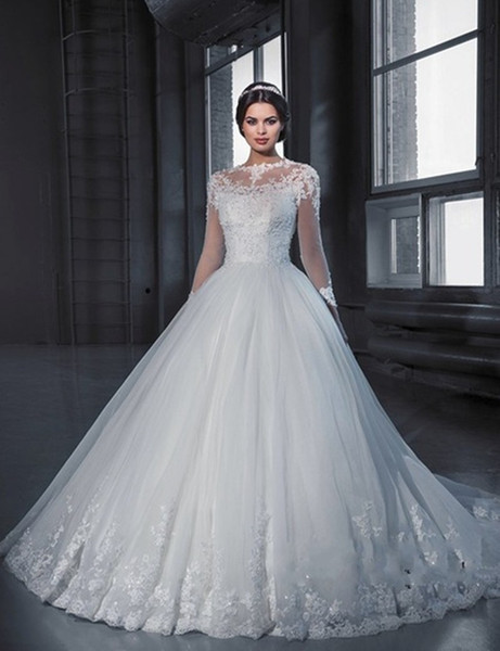 Sheer Jewel Neck Tulle Ball Gown Wedding Dresses with Long Sleeves Lace Appliqued Wedding Gown Robe De Mariage