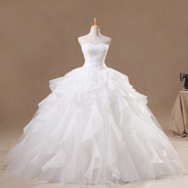 Ruffled Organza Ball Gown Wedding Dress Floor Length Sweetheart Wedding Gowns Lace Up Real Photo