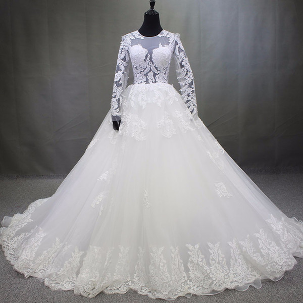 Lace Print transparent Chapel Train Wedding Dresses New Style Lace Appliques Graceful Backless Bridal Gown Real Photo