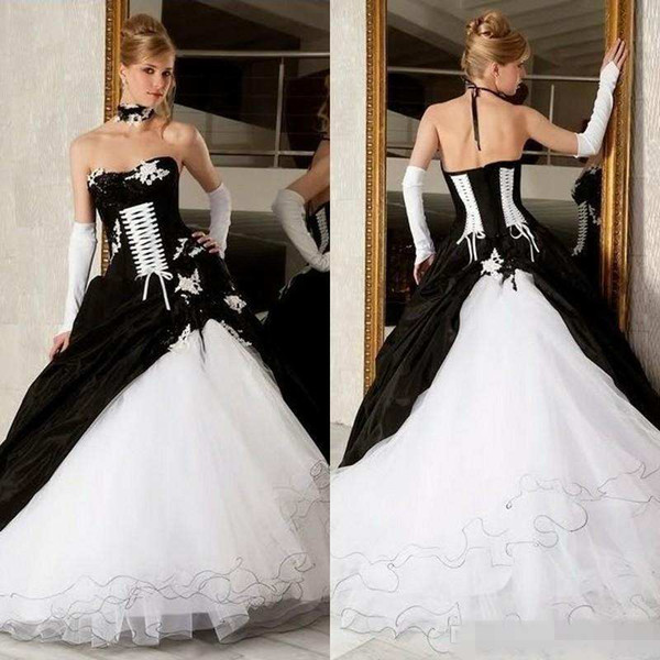 Vintage Black And White Ball Gowns Wedding Dresses Hot Sale Backless Corset Victorian Gothic Plus Size Wedding Bridal Gowns Cheap