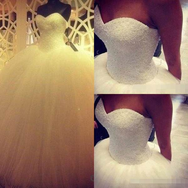 Sweetheart Princess Ball Gown Wedding Dresses Pearls Floor-length Long Hot Sale Tulle Satin Bridal Wedding Gowns