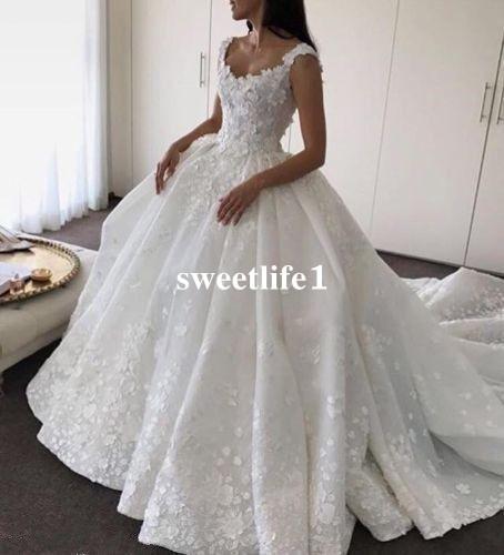 Gorgeous 3D Flora Appliques Wedding Dresses Scoop Neck Zipper Back Sweep Train Ball Gown For Church Garden Bridal Gown Custom Made