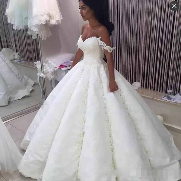 Dubai Saudi Arabic Ball Gown Wedding Dress Off The Shoulder Lace Appliques Floor Length Lace Up Bridal Gown Custom Made