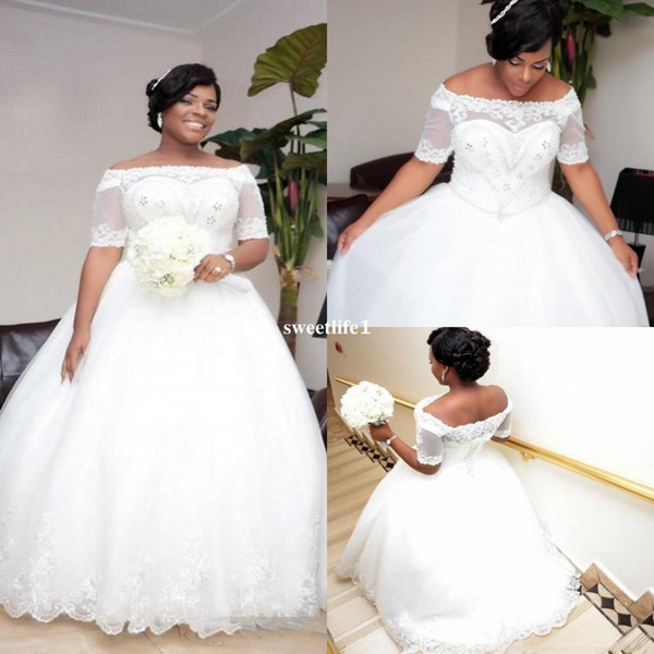 Plus Size African Wedding Dresses Short Sleeves Off The Shoulder Bodice Ball Gown Lace Up Vestido De Novia Custom Made