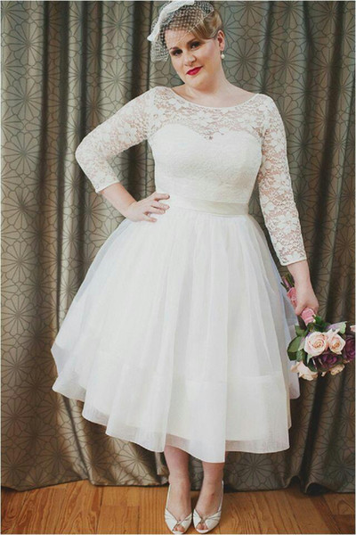 Plus size Wedding Dresses 2016 Short Beach Wedding Gowns Middle East Style Full Sheer /Illusion Lace Long Sleeves Bridal Gowns