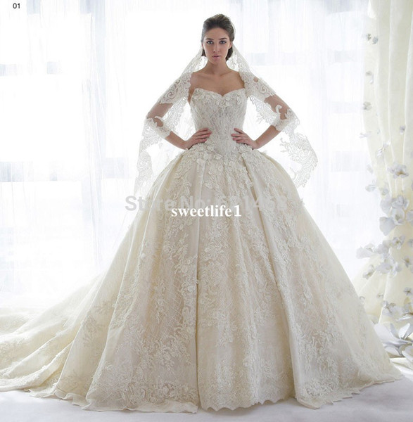 New Designed Ball Gown Strapless Lace Appliques Wedding Dresses with Court Train Vestido noiva Church Bridal Gowns Custom Made