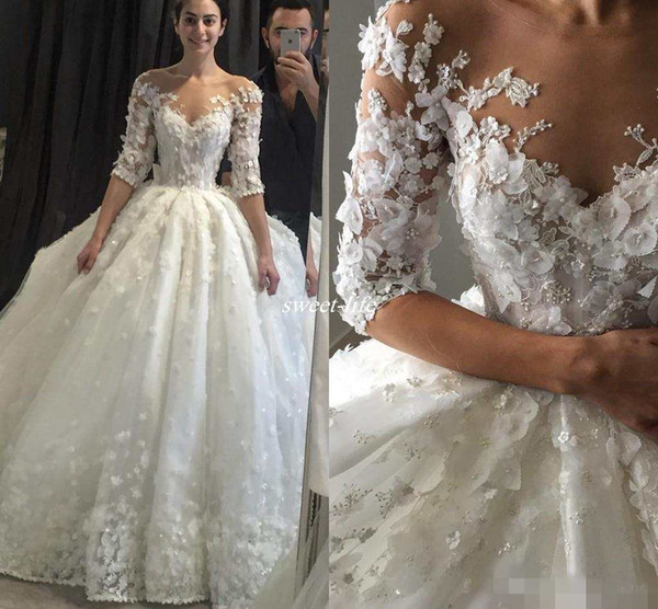 Steven Khalil Ball Gown Wedding Dresses with Half Sleeve 3D-Floral Appliques Vintage Lace Sheer Neck Puffy Bridal Dress Wedding Gowns