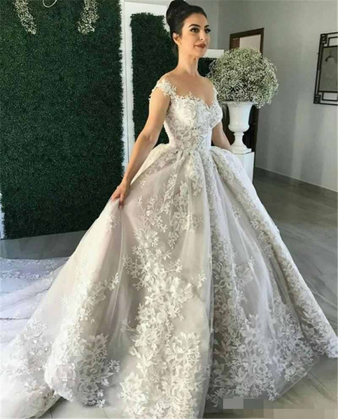 Gorgeous Ball Gown Wedding Dresses Sheer Jewel Neck Back With Cover Buttons Chapel Train Bridal Gown With Lace Appliues Custom Made