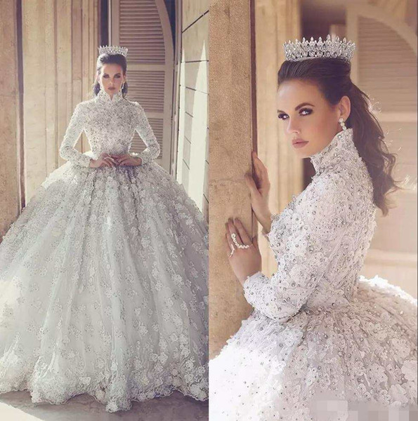 2022Luxury Lace Ball Gown Wedding Dresses With Long Sleeve 3D Floral Appliques High Neck Arabic Bridal Gowns Crystal Beaded Wedding Dress