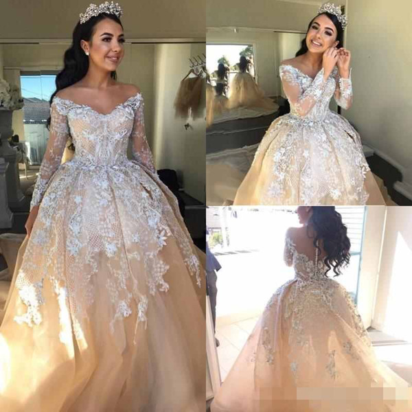 2022New Gorgeous Champagne Ball Gown Wedding Dresses Off The Shoulder Long Sleeve Lace Appliques Sweep Train Bridal Gown Custom Made