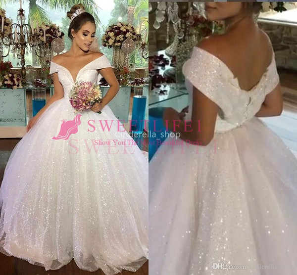 Dubai Arabic Luxury Sparkly Wedding Dresses Sequined Sparkly A-Line Church Dubai Bridal Gowns Lace Up Back Plus Size robe de mariée