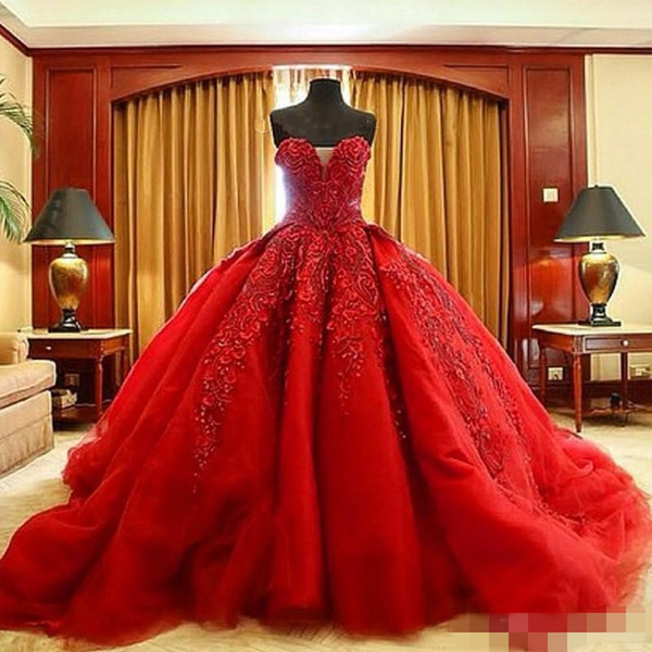 Luxury Ball Gown Red Wedding Dresses Lace Top quality Beaded Sweetheart Sweep Train Gothic Wedding Dress Civil vestido de Michael Cinco