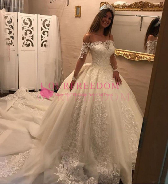 Gorgeous Ball Gown Wedding Dresses Off The Shoulder Long Sleeve Appliques Puffy Sweep Train Princess Church Garden Bridal Gown Custom