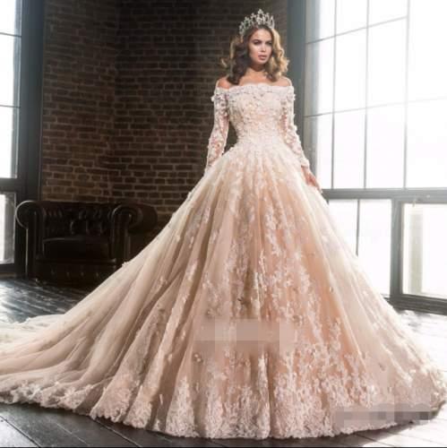 Elegant Champagne Wedding Dresses With Sleeve Lace Appliques Ball Gown Bateau Neck Church Bridal Gown Custom Made